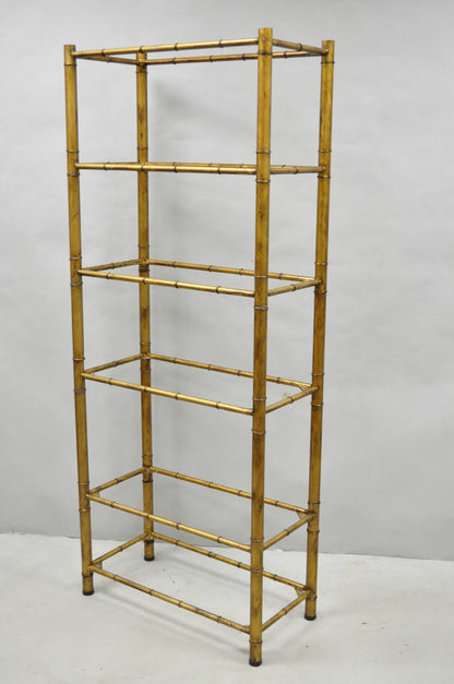 Vintage Hollywood Regency Gold Gilt Iron Metal Faux Bamboo Etagere Bookcase