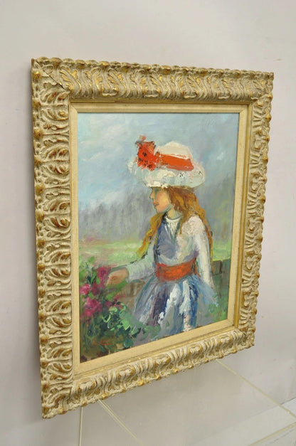 Zaza Meuli (b. 1892) Oil on Canvas Impressionist Painting Girl in Hat Orange Bow