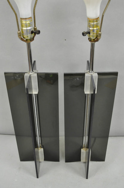 Vintage Mid Century Modern Smoked Lucite X-Base Chrome Table Lamps - a Pair