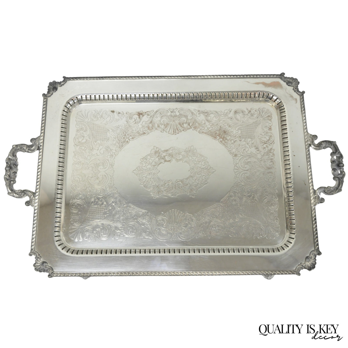 Vintage English Victorian Large Silver Plated Twin Handle Serving Platter Tray