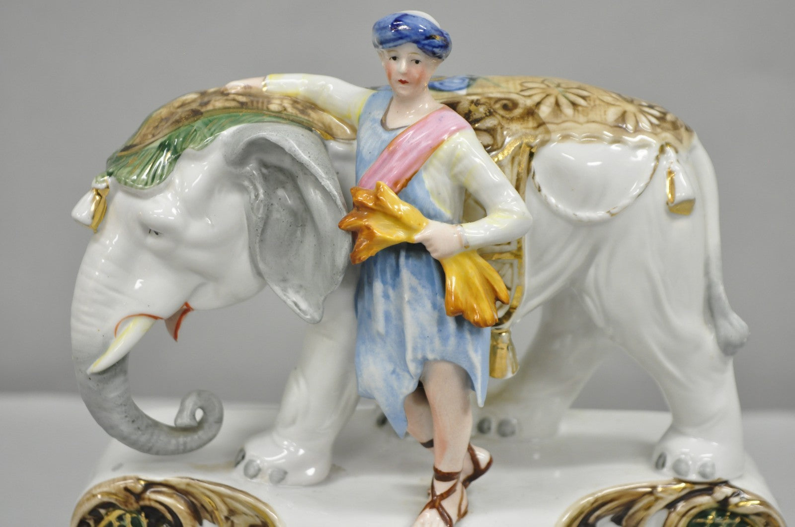 Vintage Roman Classical German Porcelain Figural Elephant & Soldier Mantel Clock