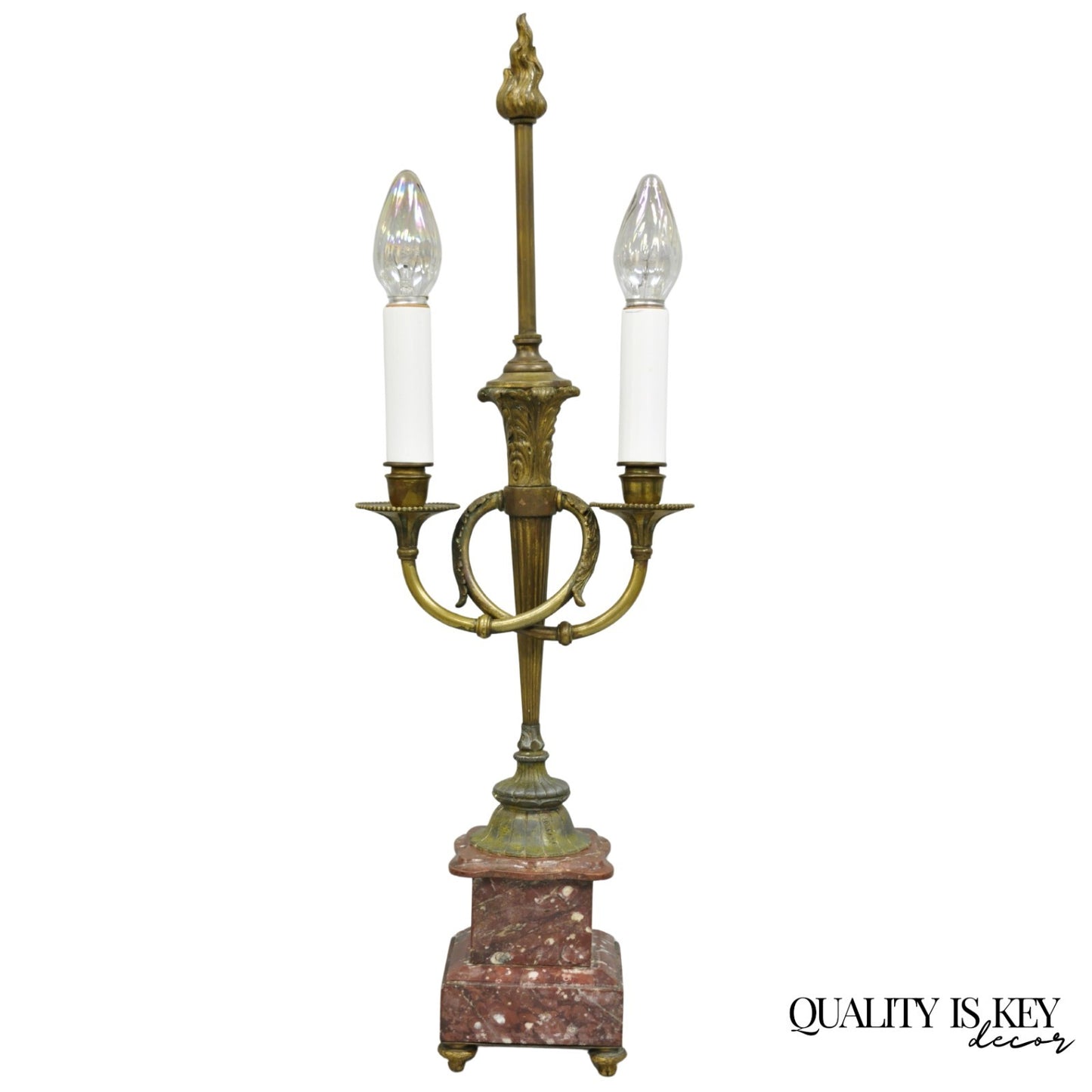 Antique French Neoclassical Bronze Torch & Trumpet Arm Marble Base Table Lamp