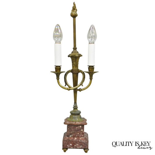 Antique French Neoclassical Bronze Torch & Trumpet Arm Marble Base Table Lamp