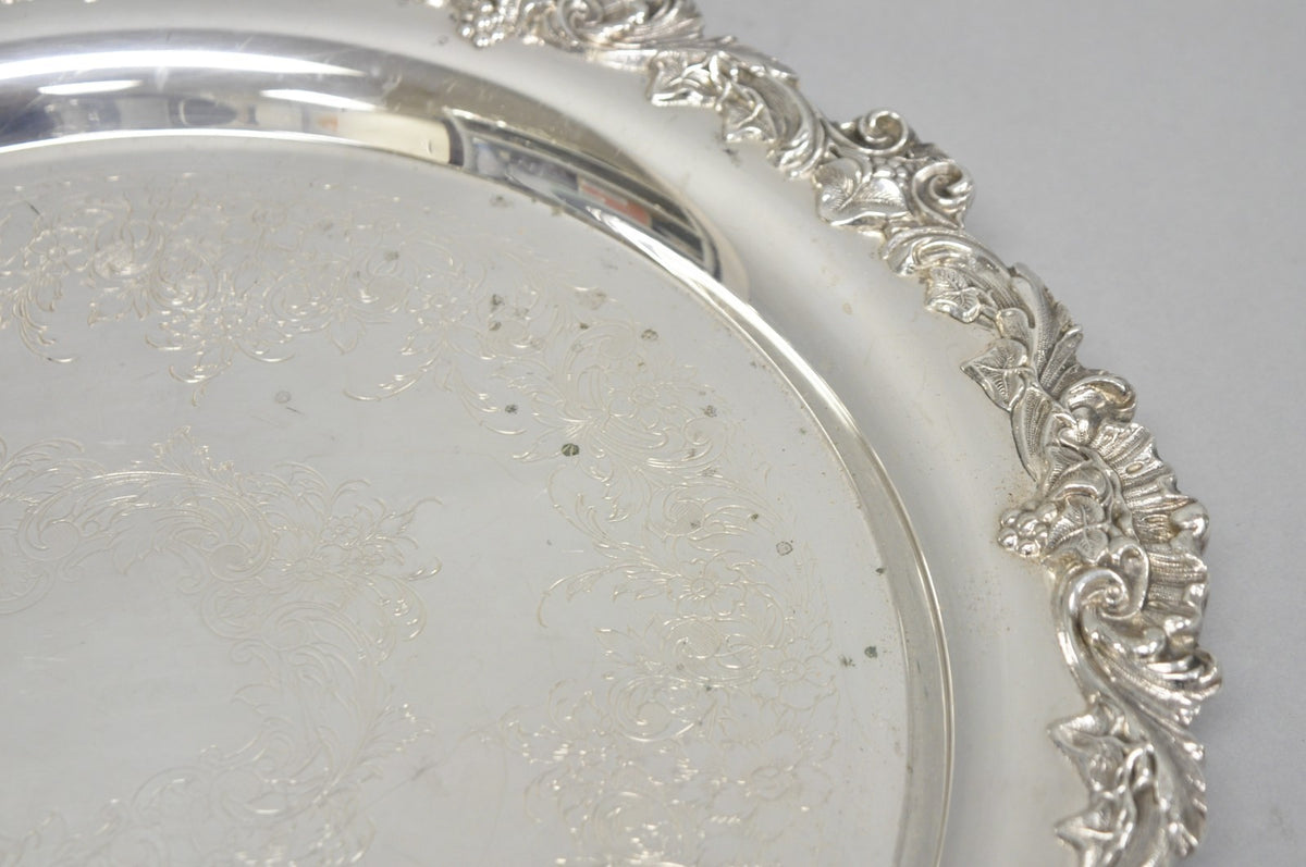 Vintage Wilcox Victorian Silver Plated Round Ornate Footed Salver Serving Tray