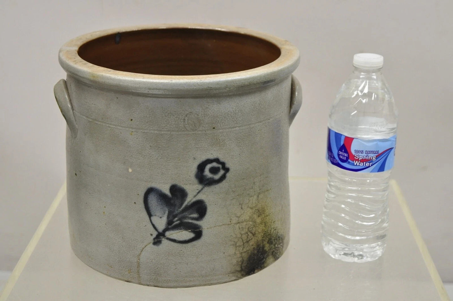 Antique Stoneware Salt Glazed 9" Round Pottery Crock Pot with Blue Flower