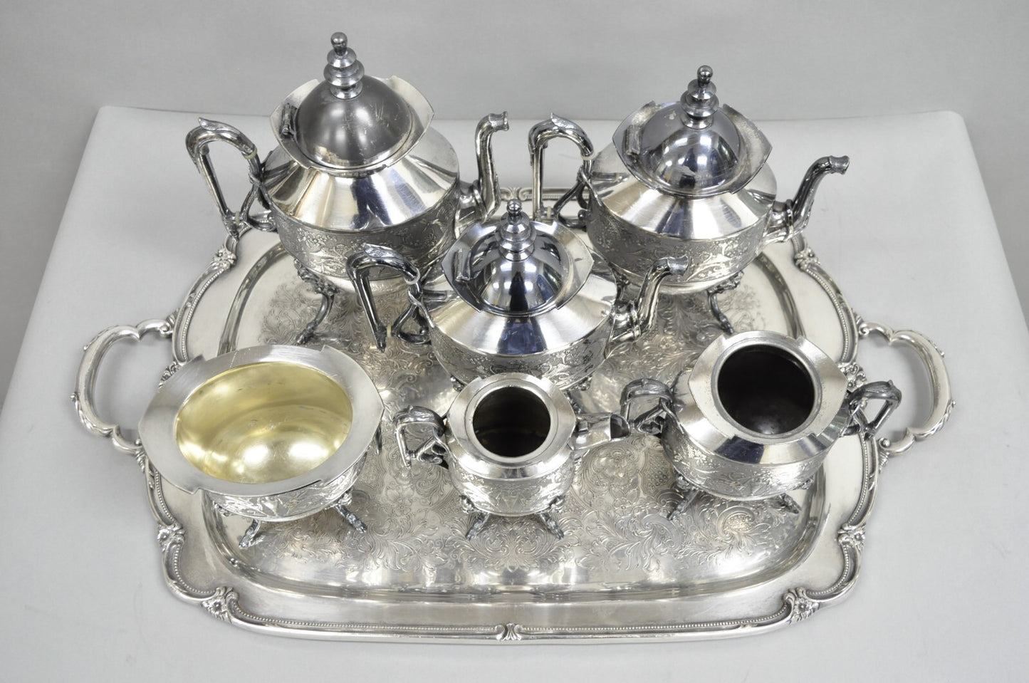Antique English Baroque Silver Plated Figural Tea Set w/ Rogers Bro Tray - 7 Pcs