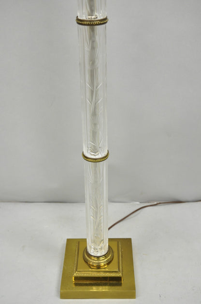 Vintage Neoclassical Style Floral Etched Glass Column Brass Reading Floor Lamp