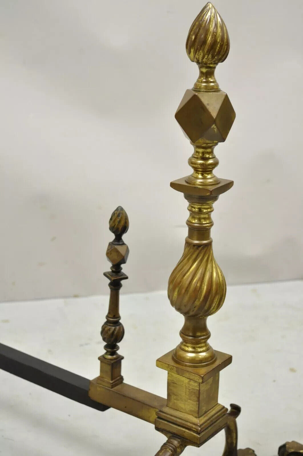 Antique Federal Brass Spiral Twist Finial Branch Leg Ball & Claw Andirons - Pair
