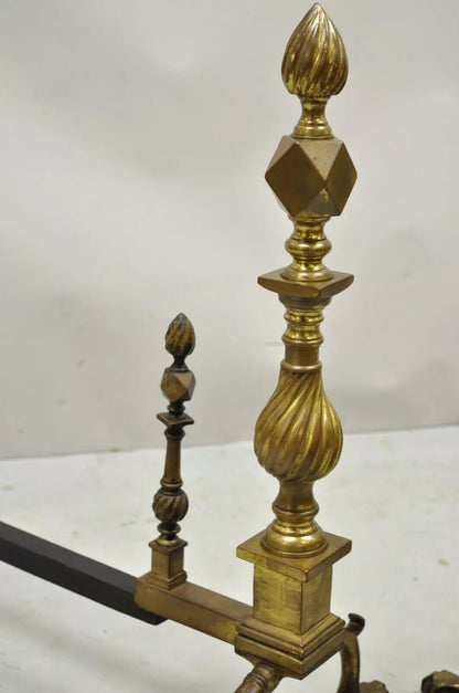 Antique Federal Brass Spiral Twist Finial Branch Leg Ball & Claw Andirons - Pair