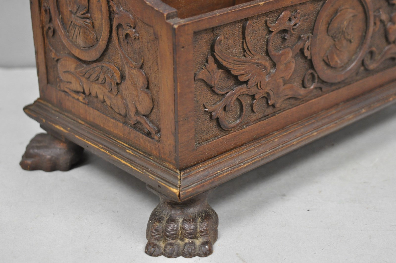 Antique Italian Renaissance Figural Carved Walnut Paw Foot Desk Letterbox
