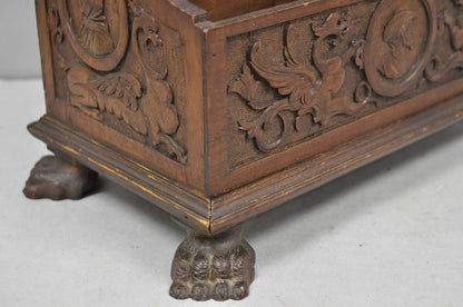 Antique Italian Renaissance Figural Carved Walnut Paw Foot Desk Letterbox