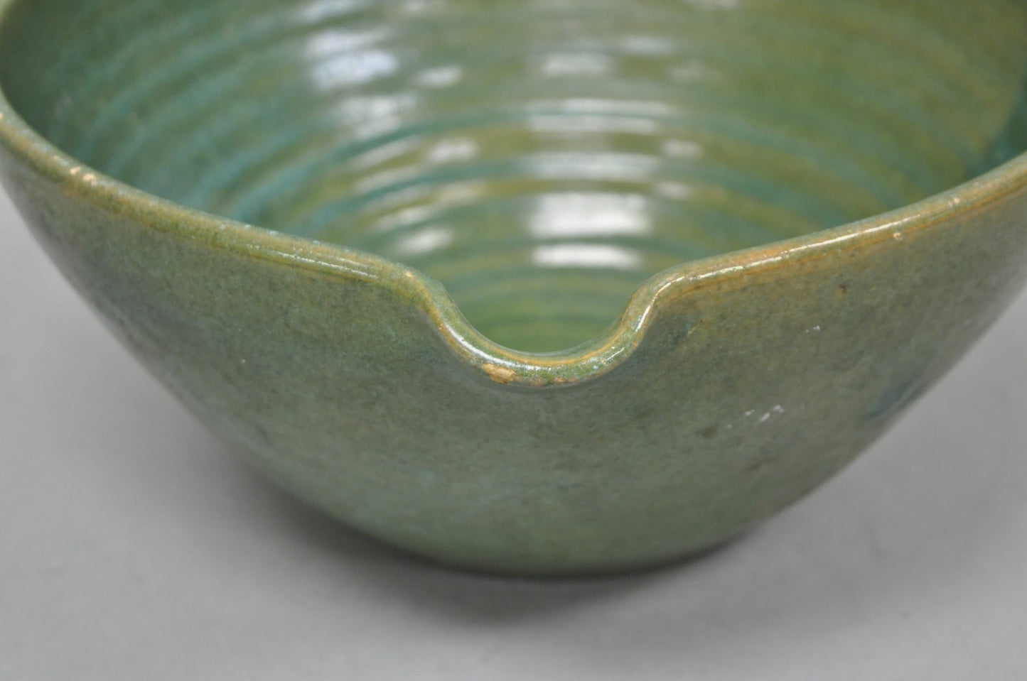 Vintage Primitive Green Glazed Ceramic Pottery Large Mixing Bowl w Handle
