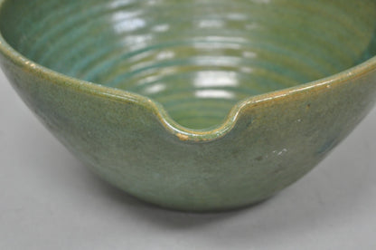 Vintage Primitive Green Glazed Ceramic Pottery Large Mixing Bowl w Handle