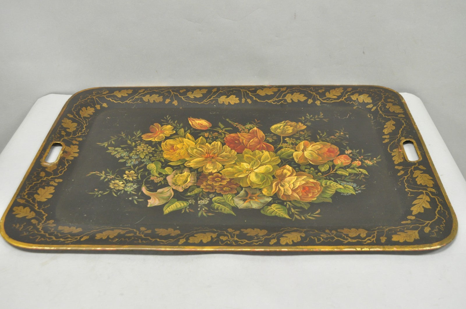 Antique French Country Tole Metal Hand Painted Floral Large Serving Platter Tray