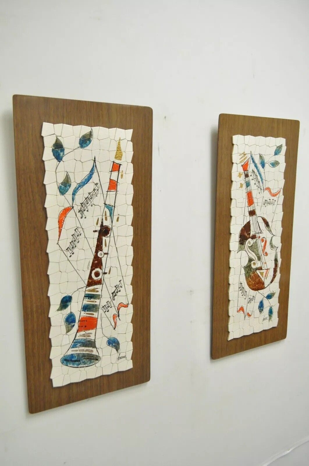 Vintage Andre Mid Century Modernist Abstract Music Instrument Tile Wall Art Pair