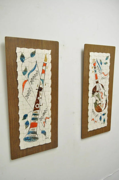 Vintage Andre Mid Century Modernist Abstract Music Instrument Tile Wall Art Pair