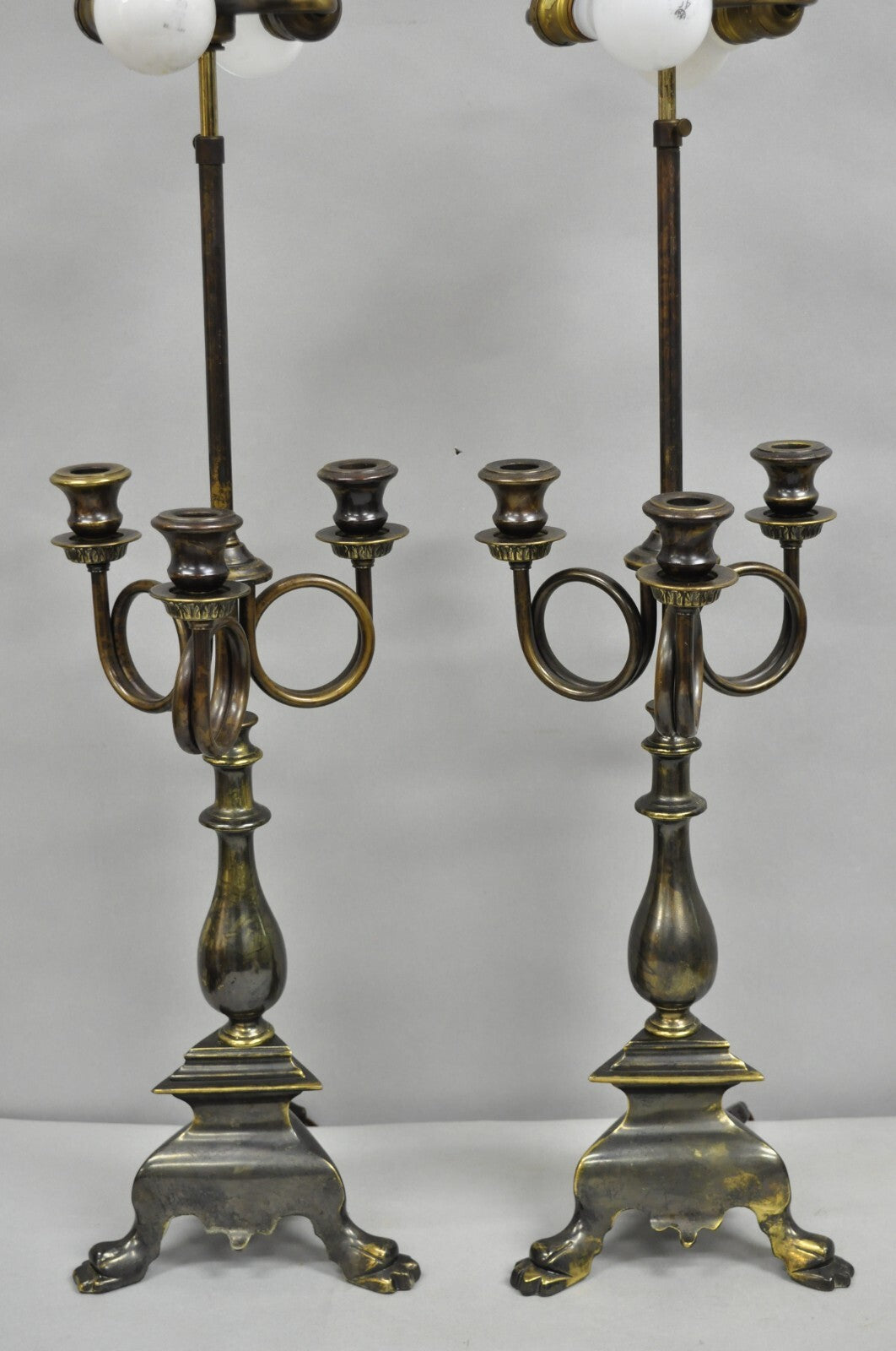 Frederick Cooper French Empire Brass Patina Trumpet Candelabra Table Lamp Pair