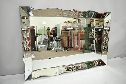 Vintage Venetian Art Deco Scalloped Edge Floral Etched Glass Large Wall Mirror