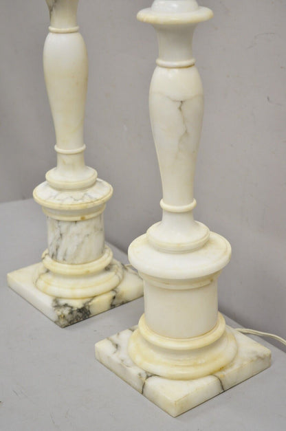 Vintage Italian Classical Carved White Marble Column Table Lamps - a Pair