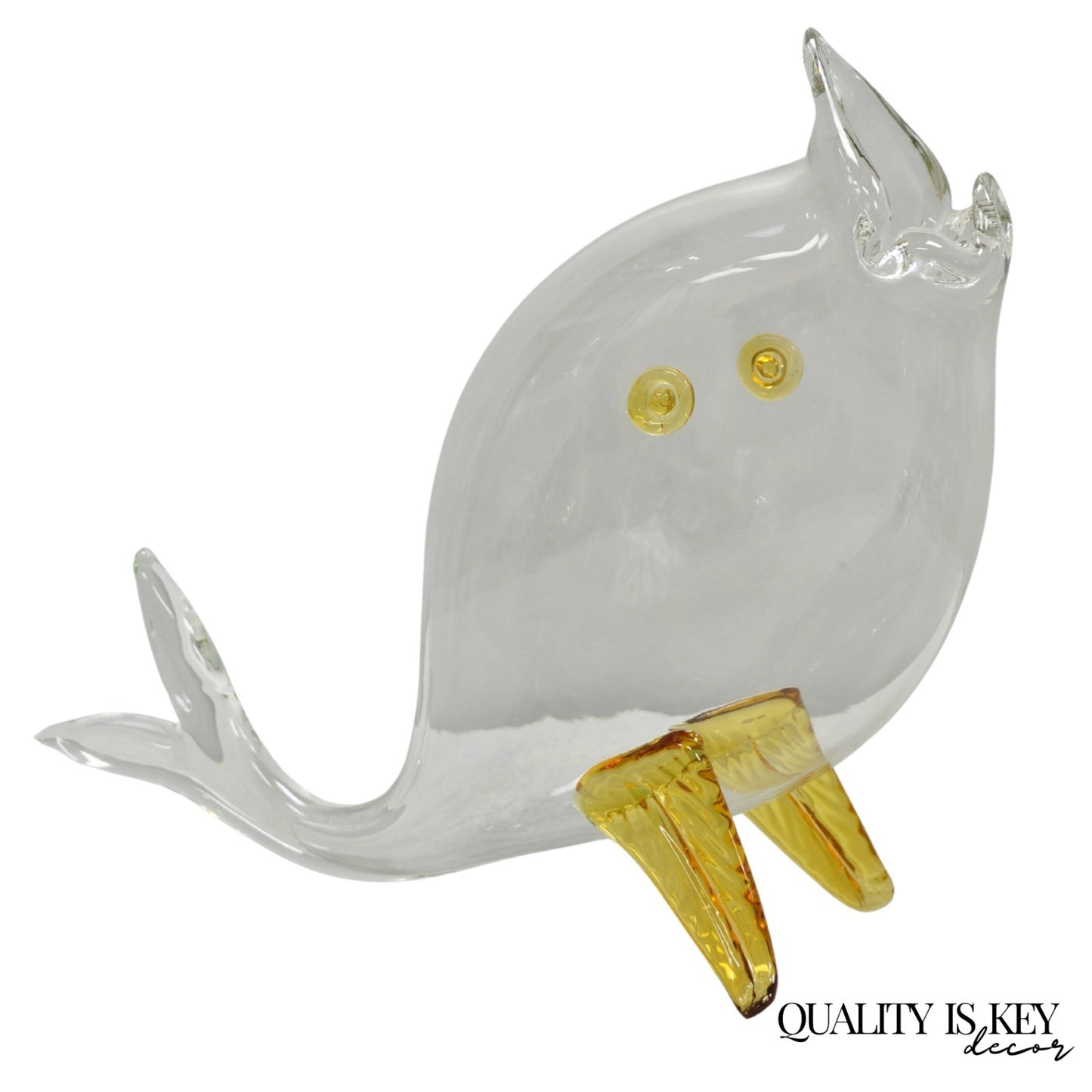 Vintage Mid Century Modern Blenko Style Amber Fin Blown Glass Fish Vase Bowl