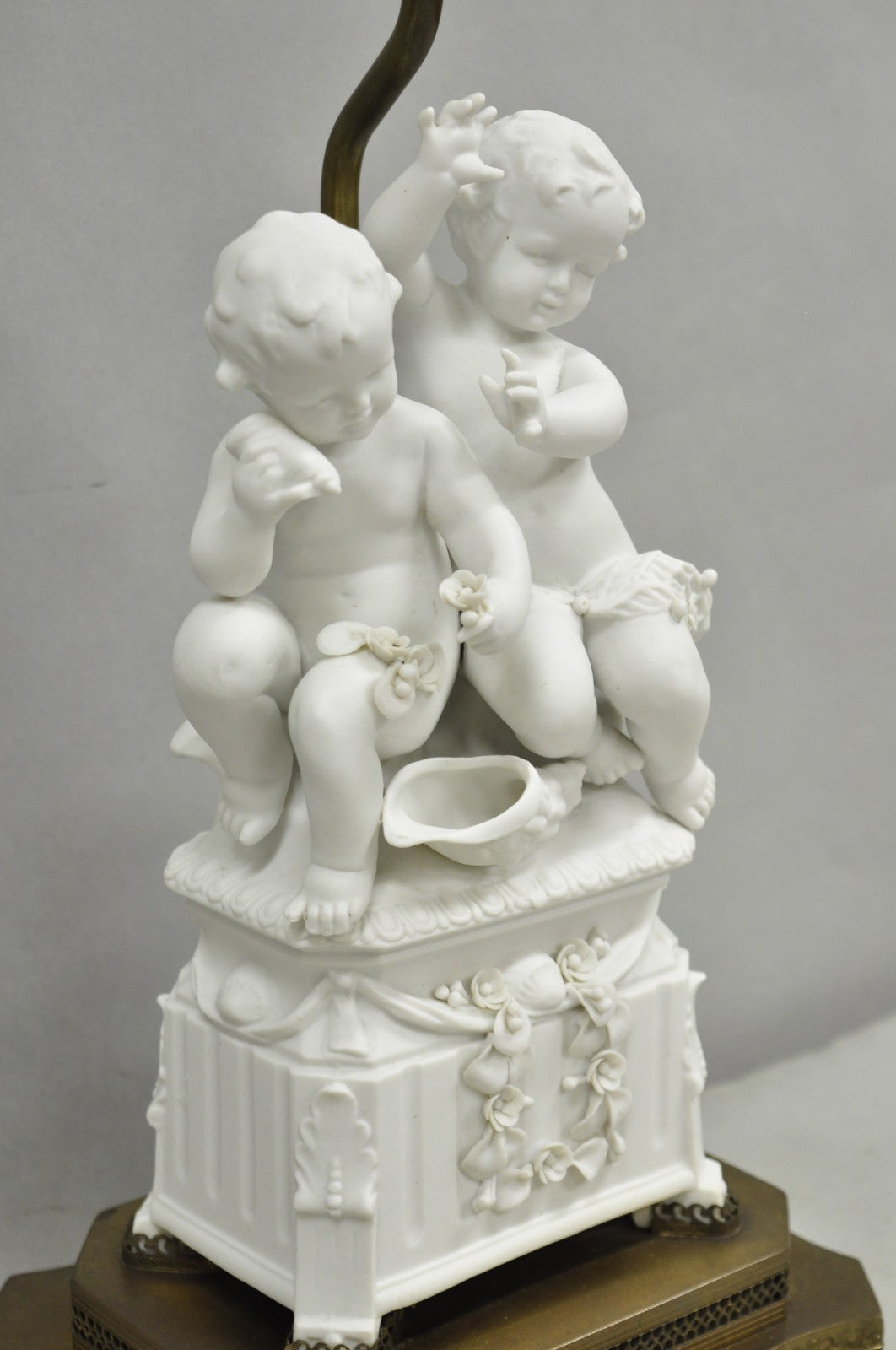 Antique French Parian Bisque Porcelain White Double Cherub & Shell Table Lamp