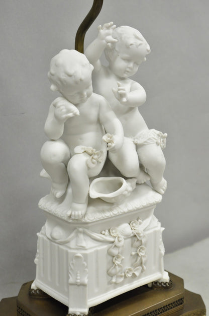 Antique French Parian Bisque Porcelain White Double Cherub & Shell Table Lamp