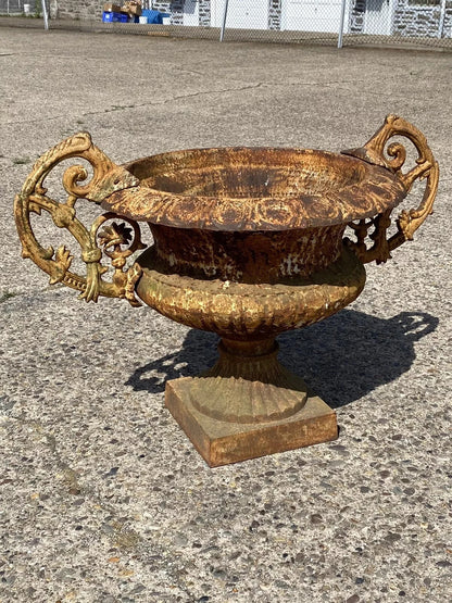 French Victorian Large Cast Iron 48" Wide Campana Urn Garden Planter w/ Handles