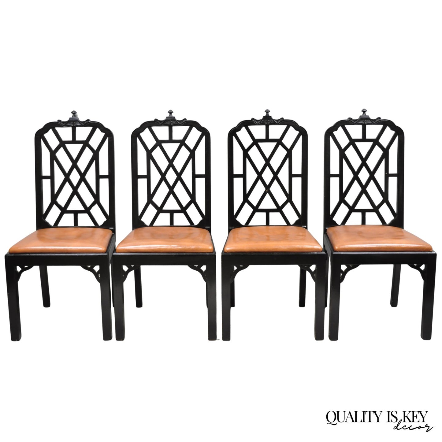 Vintage Chinese Chippendale Pagoda Fretwork Black Lacquer Dining Chair, Set of 4