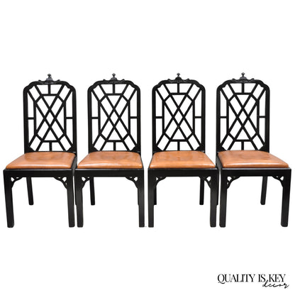 Vintage Chinese Chippendale Pagoda Fretwork Black Lacquer Dining Chair, Set of 4