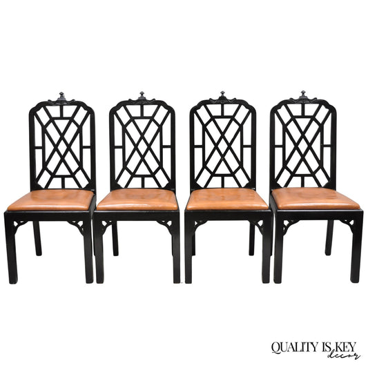Vintage Chinese Chippendale Pagoda Fretwork Black Lacquer Dining Chair, Set of 4
