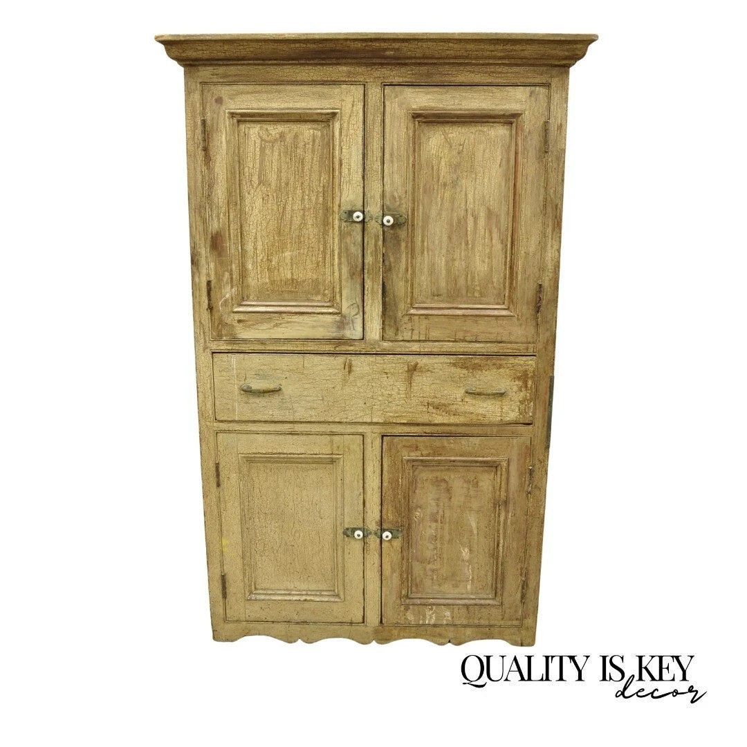 Antique French Country Farmhouse Beige Distressed Paint Kitchen Cupboard Cabinet