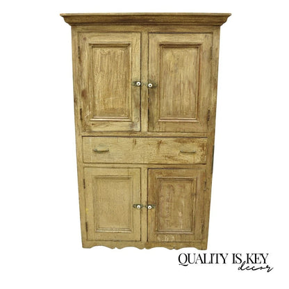 Antique French Country Farmhouse Beige Distressed Paint Kitchen Cupboard Cabinet