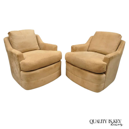 Vintage Mid Century Modern Brown Upholstered Swivel Lounge Club Chairs - a Pair