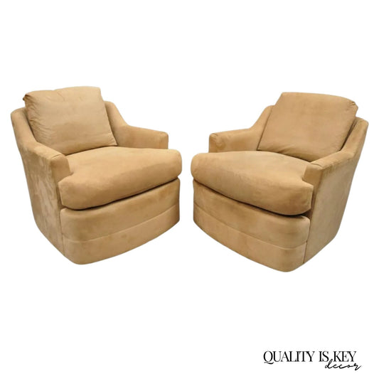 Vintage Mid Century Modern Brown Upholstered Swivel Lounge Club Chairs - a Pair