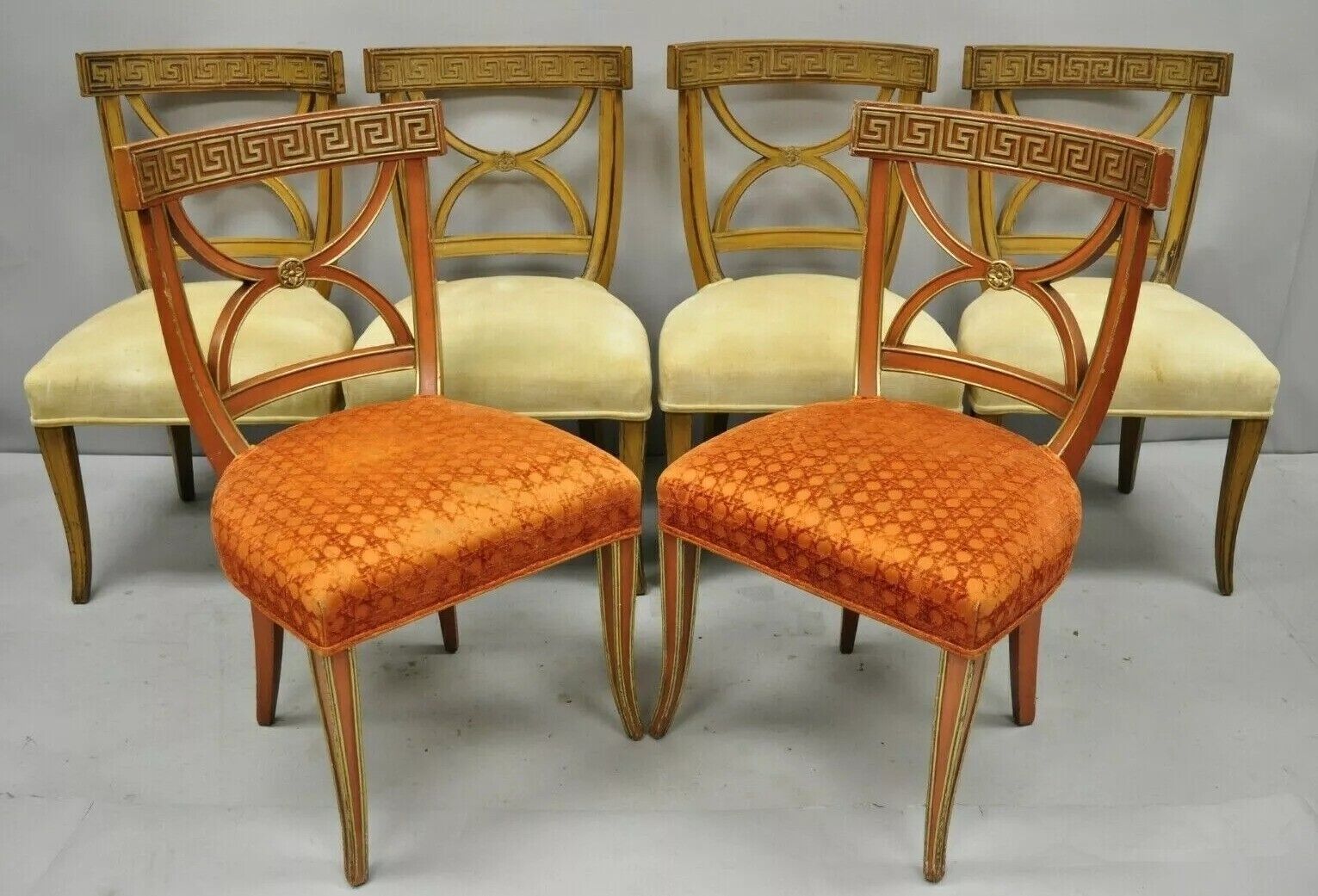Hollywood Regency Italian Neoclassical Greek Key Painted Dining Chair - Set of 6