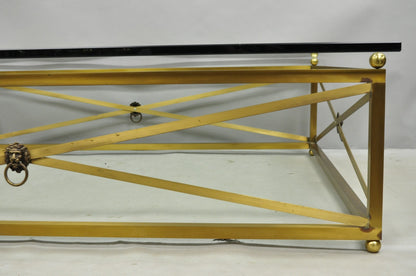Large Regency Style Burnished Brass Rectangular Glass Top Coffee Table w/ Lions