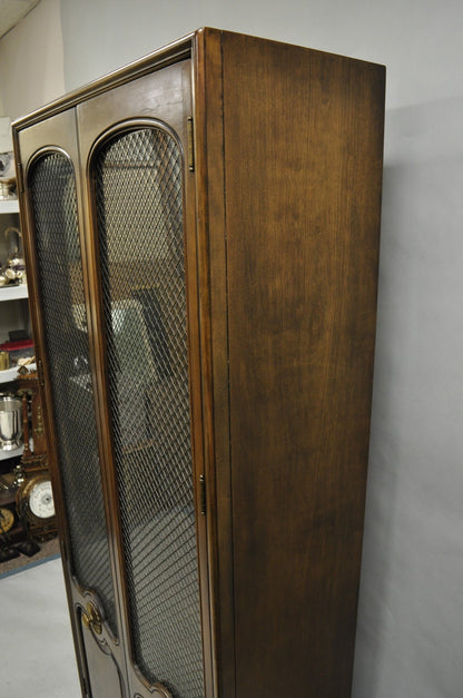 Vintage French Country Dark Cherry Wood Tall Lighted Curio Display Cabinet Pair