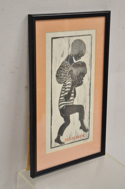 Vintage Helen Siegl "Piggy Back" 1950s Woodcut Print Framed Mid Century Art