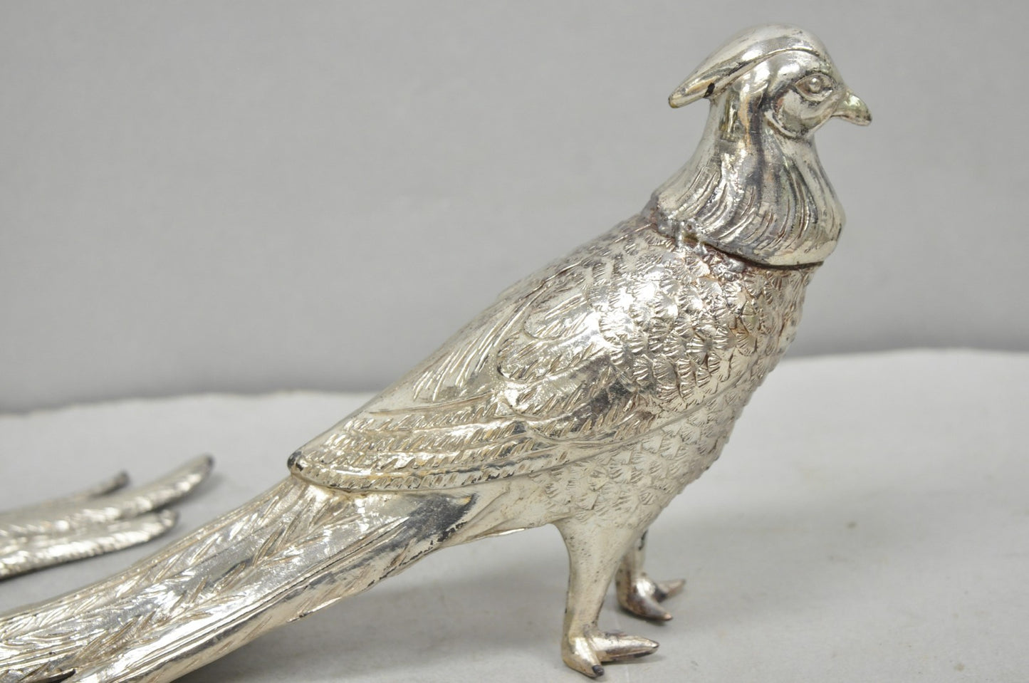 Vintage Mid Century Modern Silver Plated Pheasant Peacock Bird Figurines - Pair