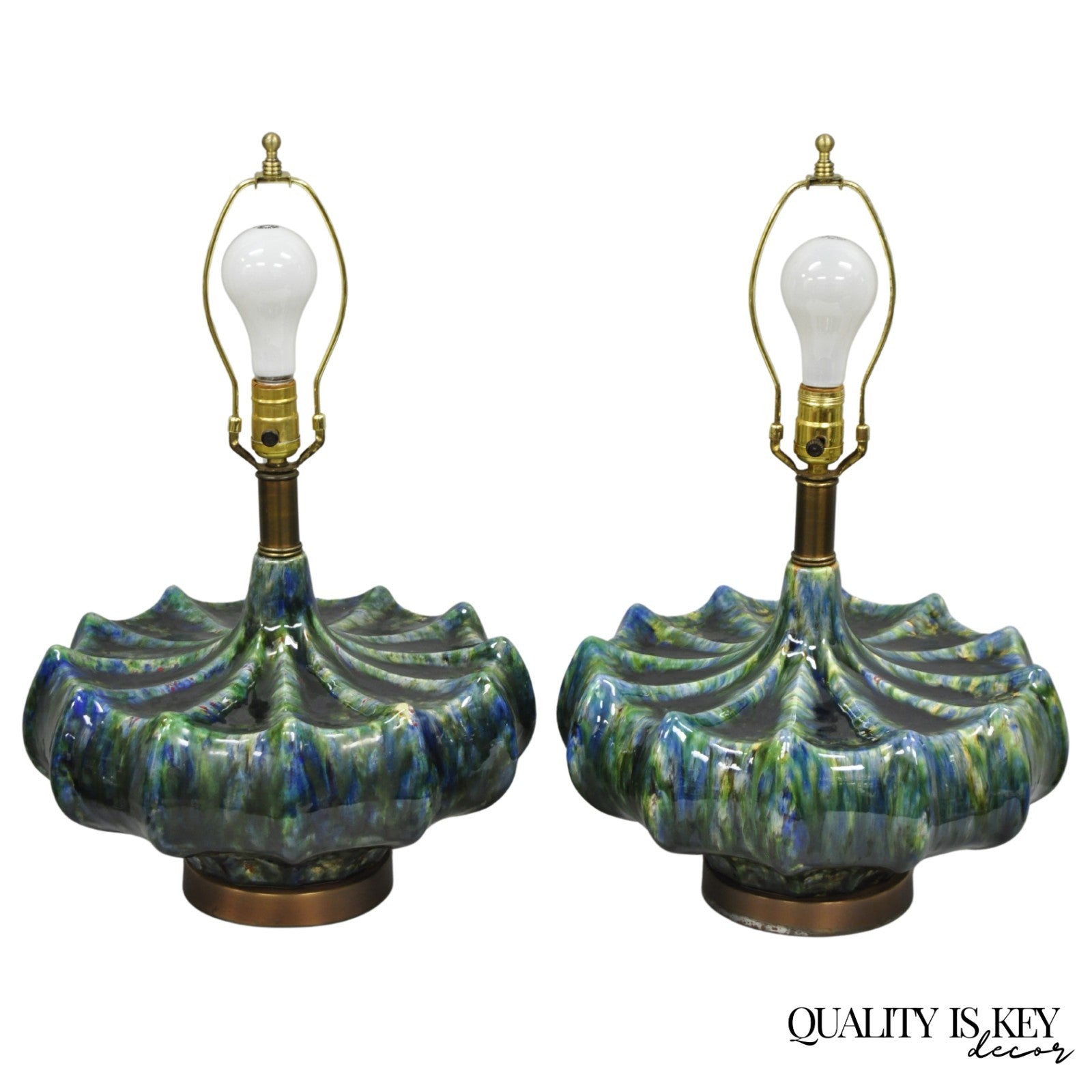 Vintage Mid Century Modern Blue Green Ceramic Table Lamps by Modernera - a Pair
