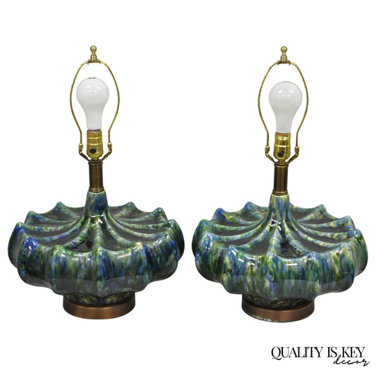 Vintage Mid Century Modern Blue Green Ceramic Table Lamps by Modernera - a Pair