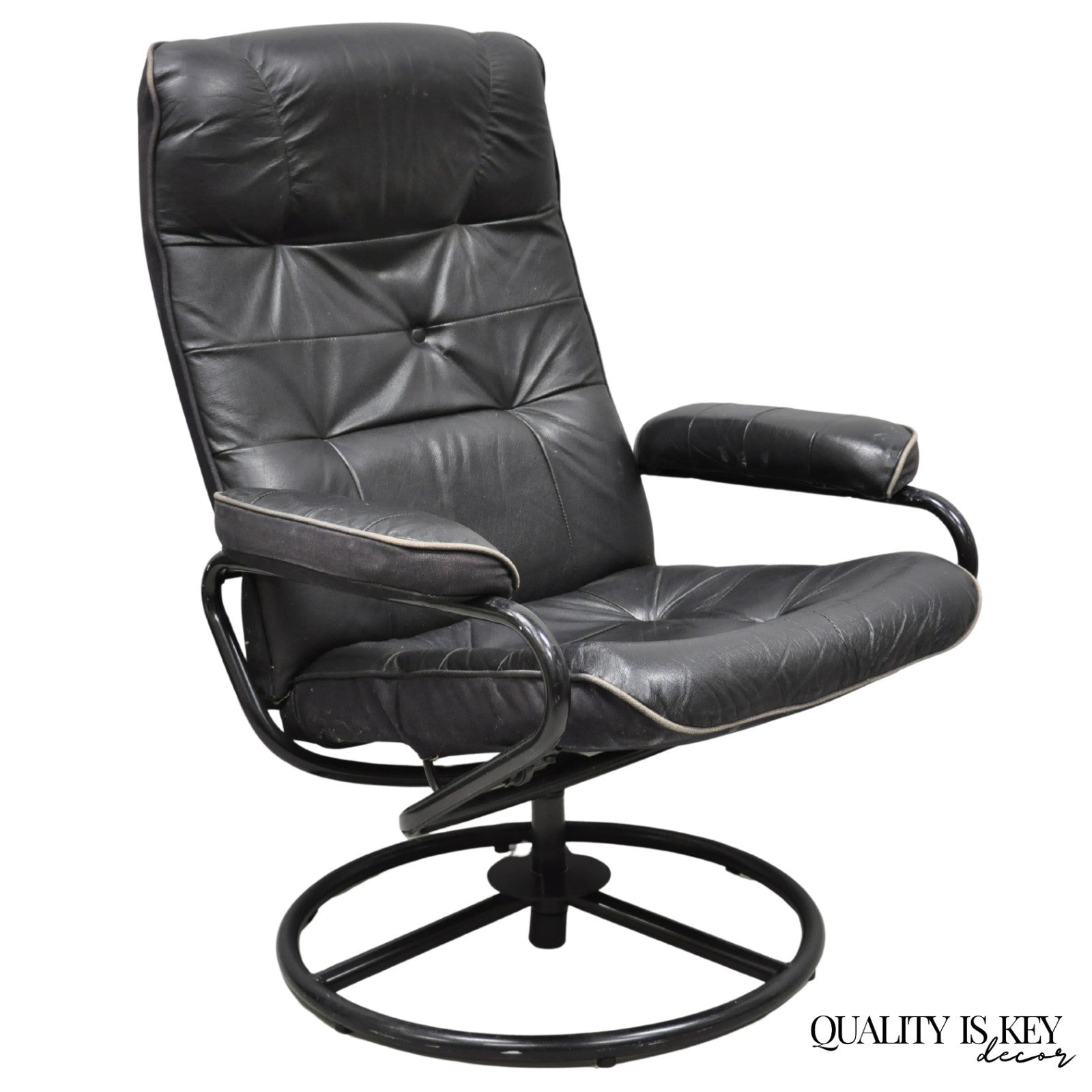Vintage Black Leather Ekornes Stressless Style Swivel Recliner Lounge Chair
