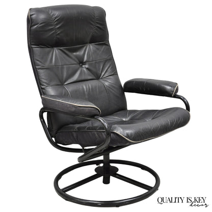 Vintage Black Leather Ekornes Stressless Style Swivel Recliner Lounge Chair