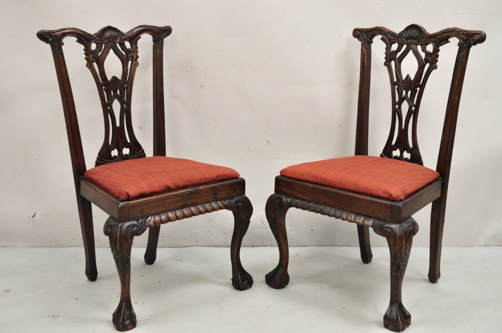 Chippendale Style Mahogany Carved Ball and Claw Dining Side Chairs - a Pair