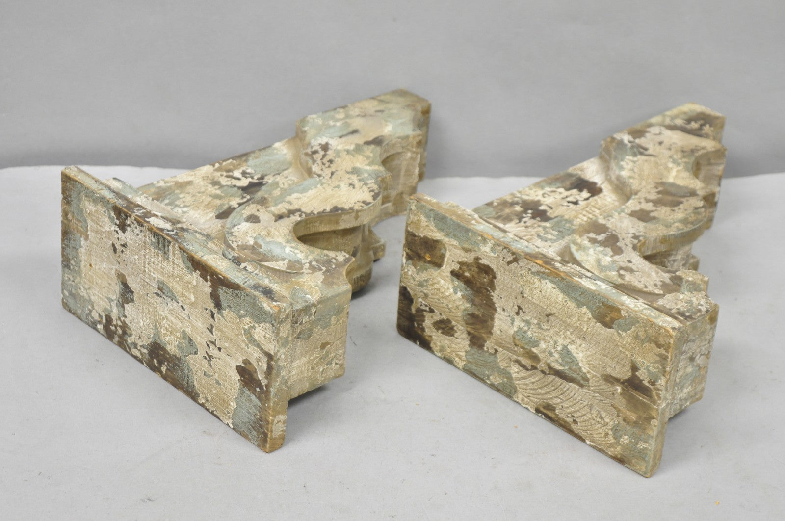 Victorian Carved Wood Blue & White Distress Painted Corbel Wall Bracket - a Pair