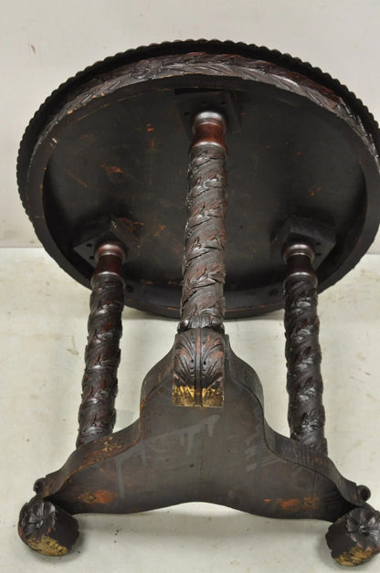 Antique American Empire Floral Spiral Carved Mahogany Round Center Side Table