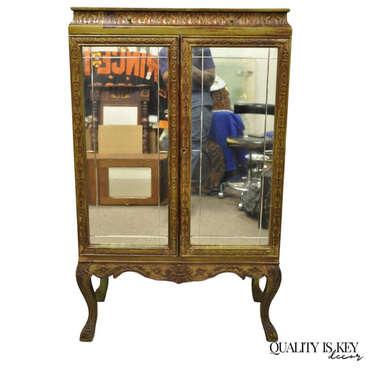 Antique Georgian Green Painted Mirror Front 2 Door Curio China Radio Cabinet
