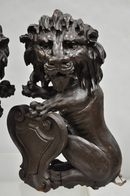 Antique Renaissance Revival Carved Oak Wood 20" Lion Architectural Elements Pair