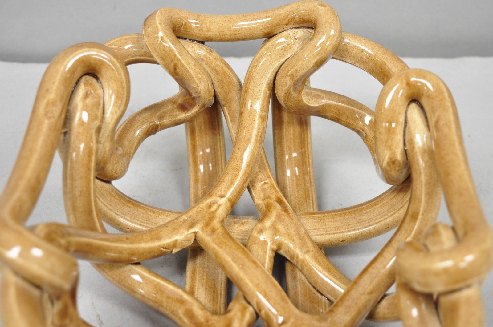 Vintage Modernist Brown Woven Pottery Clay Creations Ceramic Fruit Bowl Basket