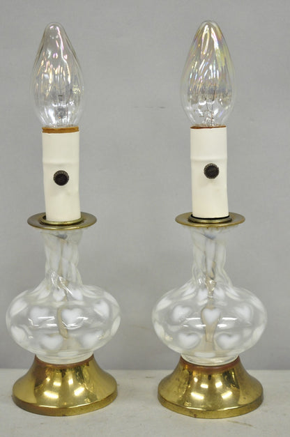 Vintage Hollywood Regency Petite Blown Glass Boudoir Table Lamps w/ Hearts, Pair
